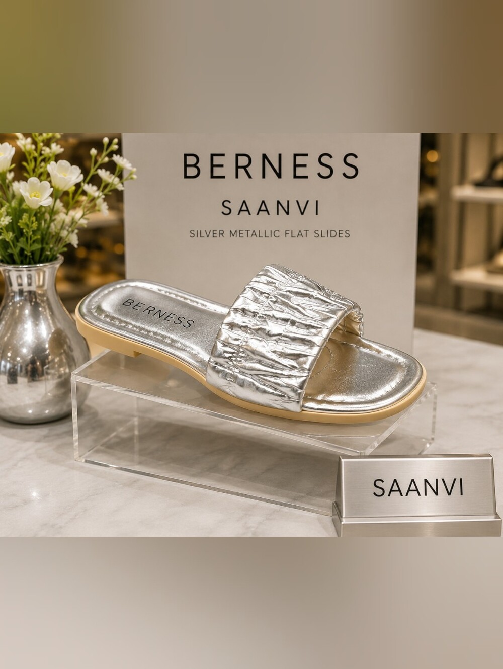 'Saanvi' By Berness- Silver Metallic Flat Slide Sandals-NIB